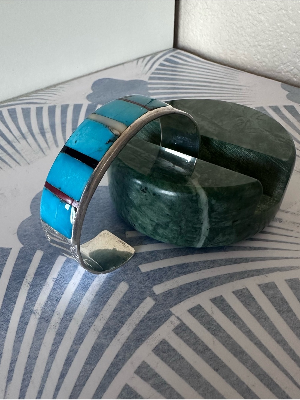Vintage Native American Sterling Silver Turquoise Inlay Heavy Cuff Bracelet - Picture 3 of 16